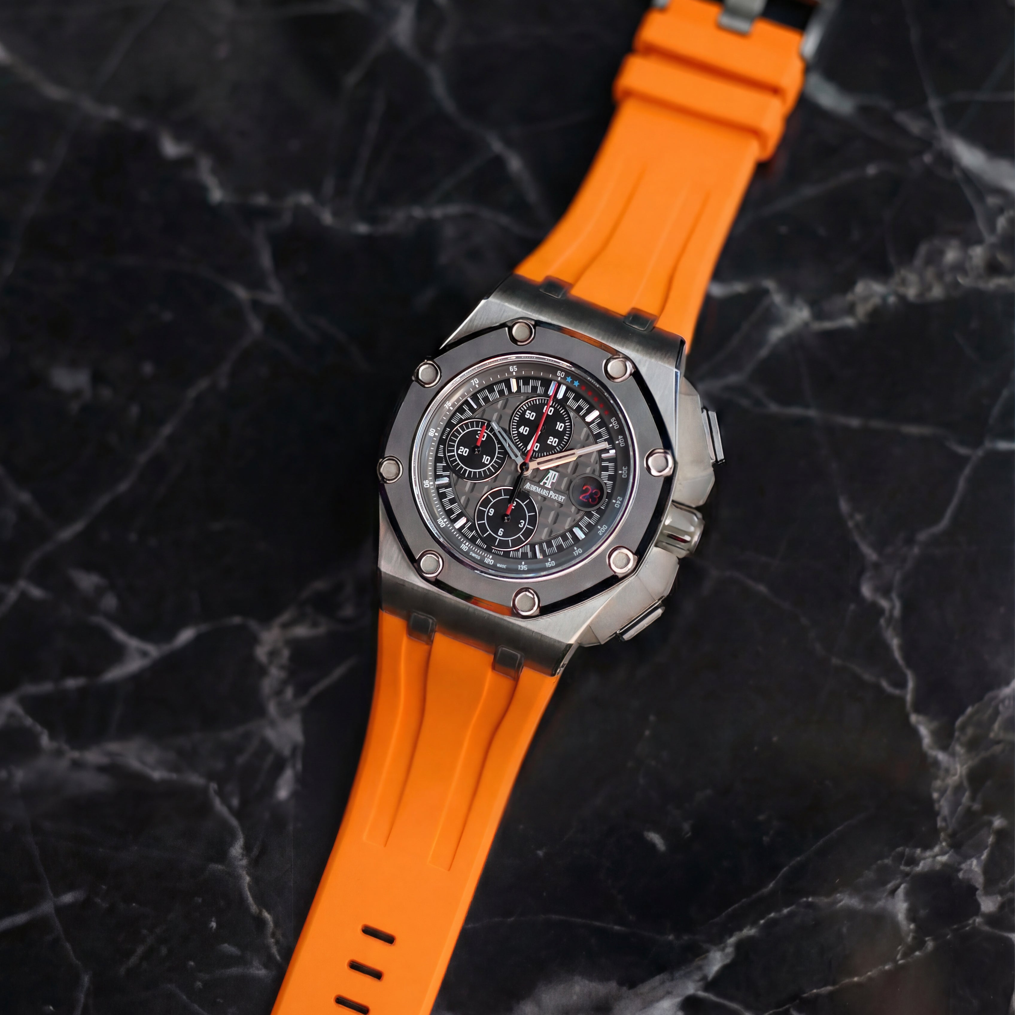 Audemars Piguet Royal Oak Offshore 44mm on Tangerine Orange Rubber Horus Strap