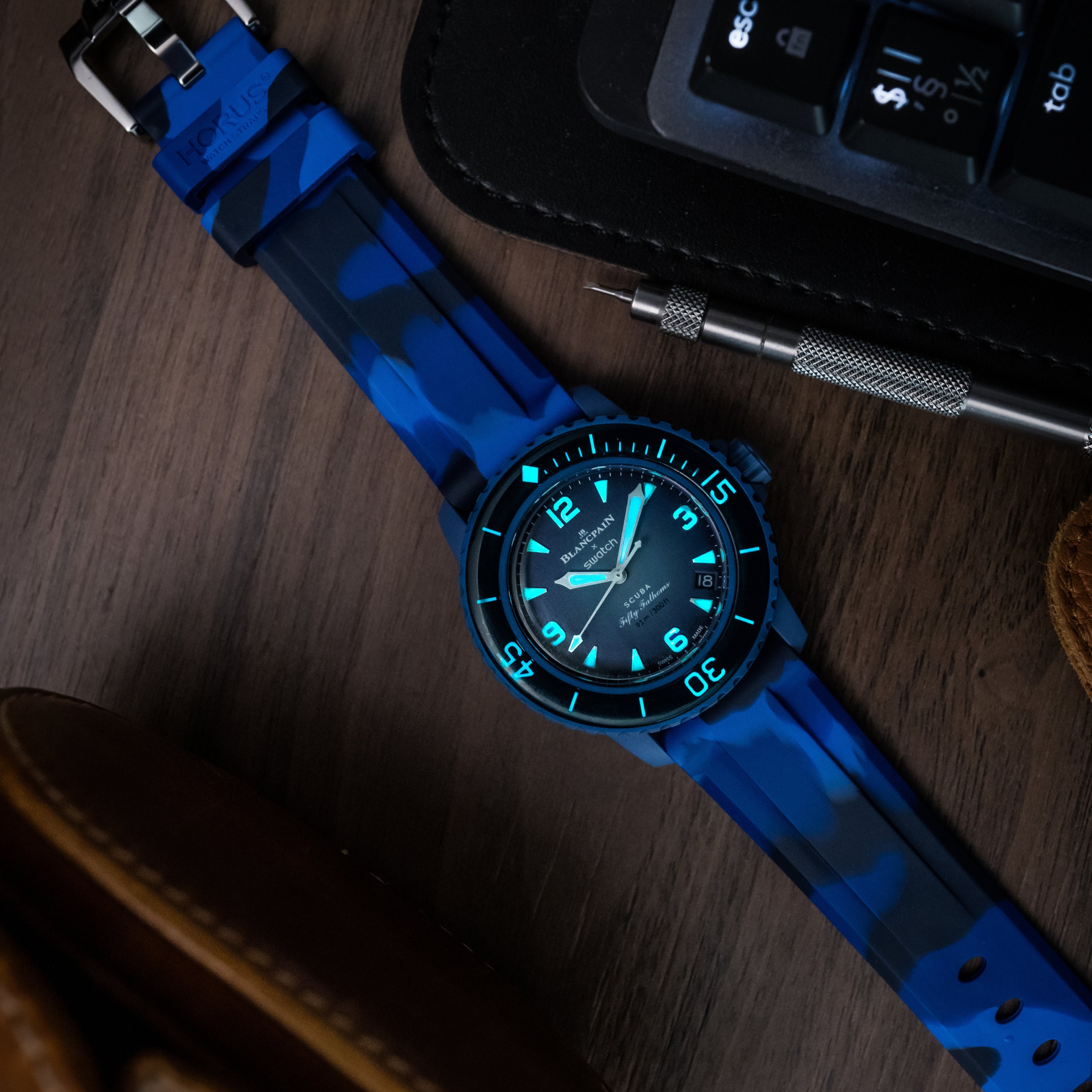 22mm Lug Width FKM Rubber Strap - Deep Blue Camo