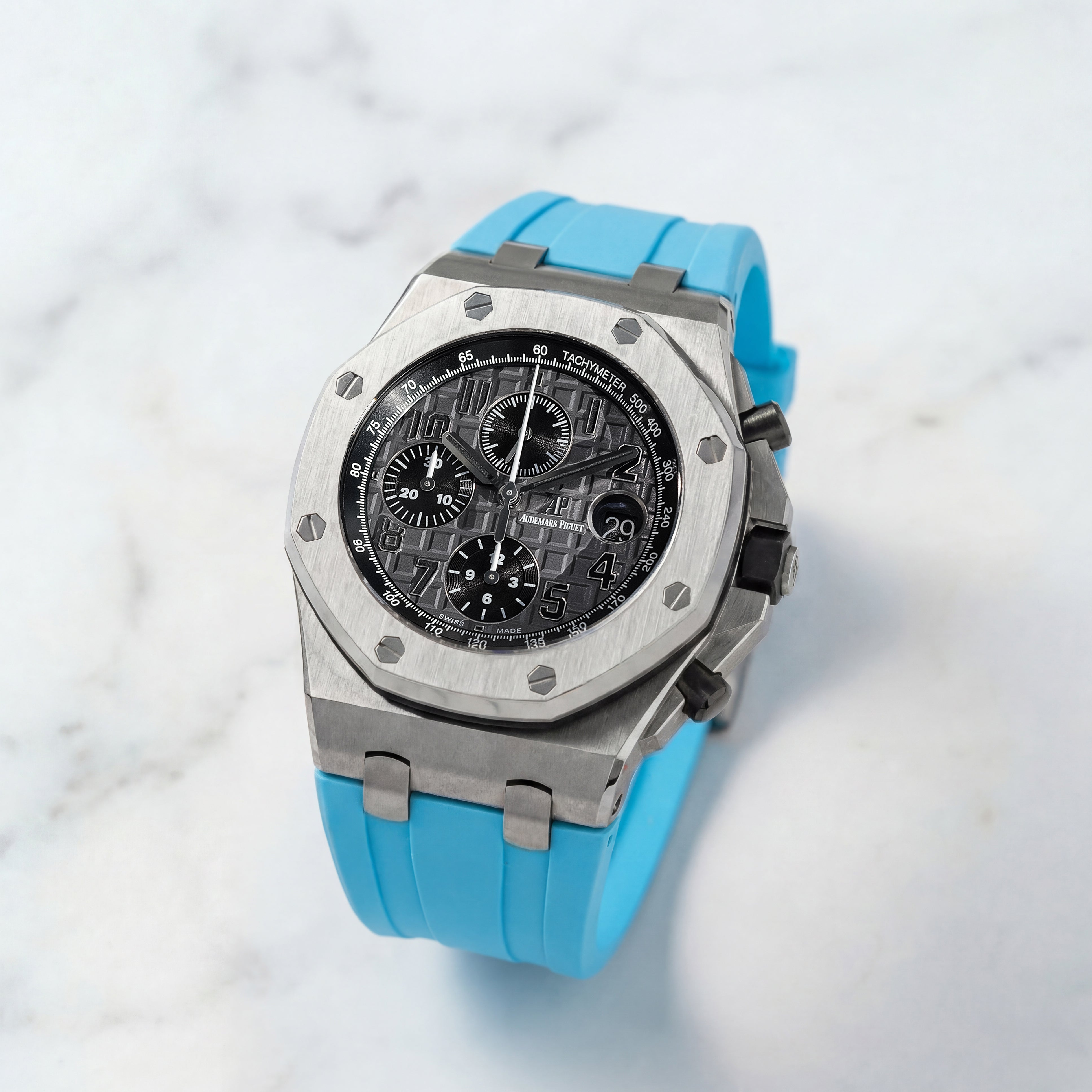 Audemars Piguet Royal Oak Offshore 42mm on Miami Blue Rubber Horus Strap with Tang Buckle